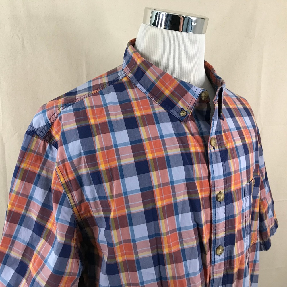 Duluth Trading 2XLT Relaxed UNTUCKED  Shirt Orange Blue Plaid Short Sleeve Mens